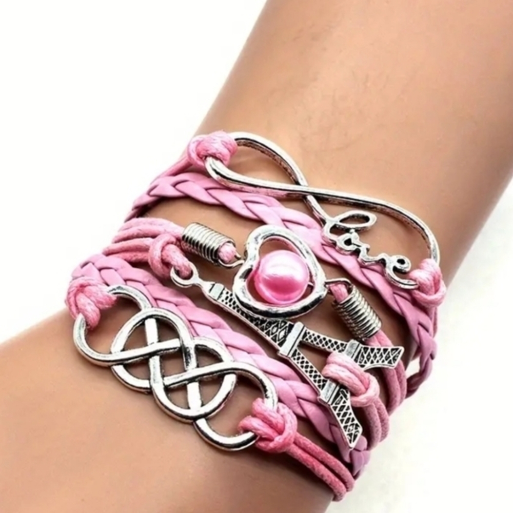 Multi Charm Leather Bracelet Infinity Love Symbol Heart Eifeltower and Celtic